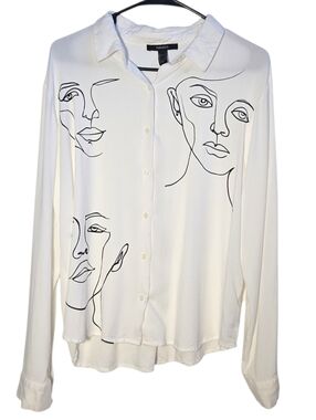 Forever 21 Abstract Face Print Button Front Long Sleeve Blouse Black White L